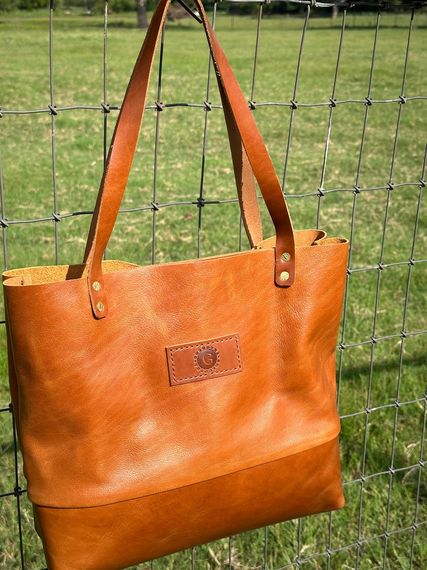 Hand-Stitched Leather Tote- Whiskey Brown