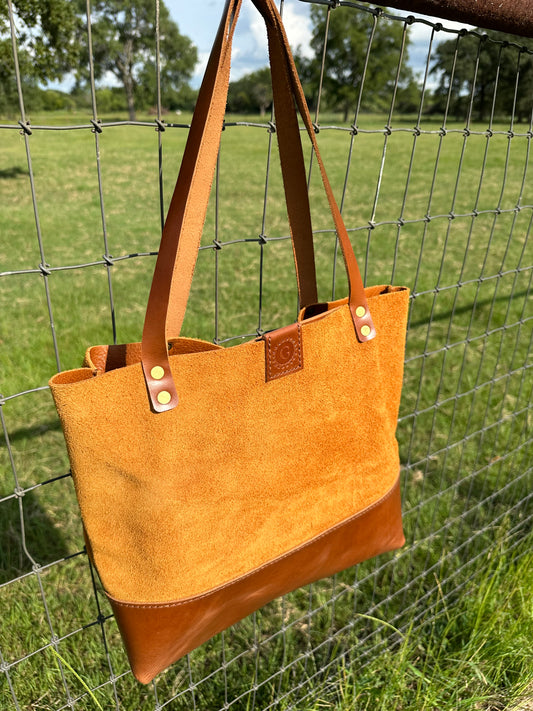 Hand-Stitched Leather Tote - Rough Out with Whiskey Brown