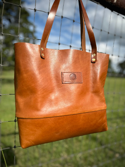 Hand-Stitched Leather Tote- Whiskey Brown